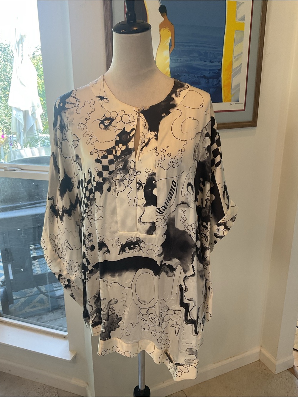 Galliano Black & White Abstract Silk Tunic